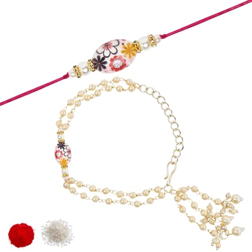 Image of I Jewels Pearl Bhaiya Bhabhi Lumba Rakhi Bracelet Combo Set With Roli Chawal & Rakshabandhan Greeting Card