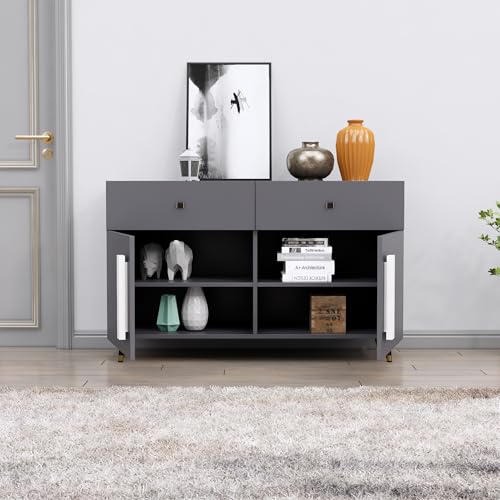 Image of Bniture Storage Cabinet Wooden for Living Room Sideboard with 2 Drawer and 2 Door | Multipurpose Storage Organizer Chest of Drawer Cabinet for Home Hallway Drawing Room Bedroom Kitchen | Slate Grey