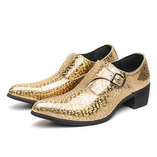 Men's Pointed Toe Chunky Heels Monk Strap Oxford Shoes,Fashion Shiny Business Formal Slip On Loafers Low Top Chelsea Wedding Derby Shoes4