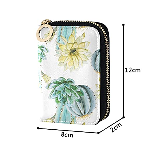 Turquoise Green Cactus Cacti Yellow Flowers on White Credit Card Coin wallet, Key Change Organizer Zipper Purse Compact Clutch Pouch Pocket, RFID Blocking Women Leather Card Holder4