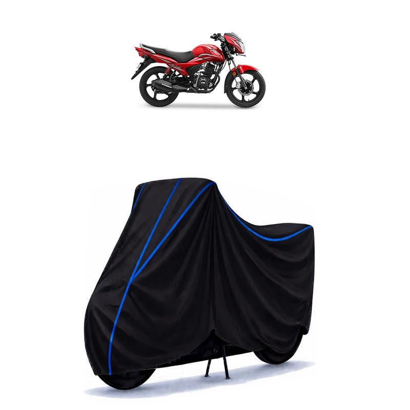 Image of TVS Victor Premium Edition Bike Cover Water Resistant Universal Motorcycle Rain | Heavy Duty UV Protection, Dust, Scratch Indoor Outdoor All Weather with Black Blue Piping Elastic