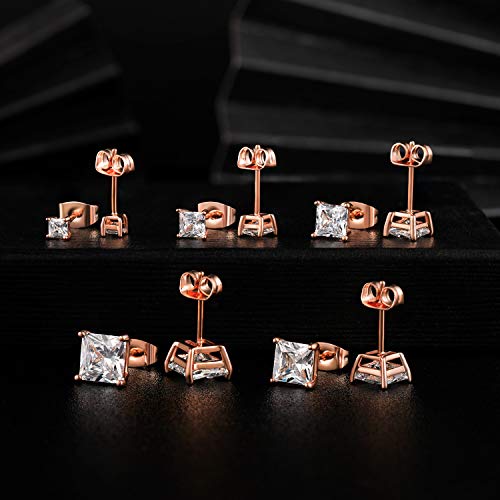 Mdfun 18K Rose Gold Plated Princess Cut Clear Cubic Zirconia Stud Earring Pack Of 5 Pairs #TOP2