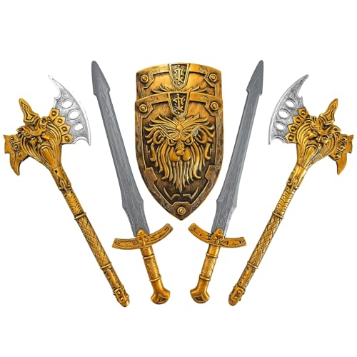 SENSORY4U Gladiator Warrior Knight Toy Weapon & Shield Set – 6-Piece Pretend Play Armor Kit with 2 Axes, 2 Swords & 2 Shields for Kids Costume & Roleplay