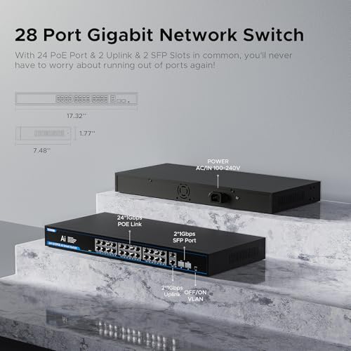 Image of PoE+ Ethernet Switch,IEEE802.3af /at, Up to 30W,Base-T,Desktop /Wall Mount, for AP & IP Cameras,Home,Gaming,Office,Plug & Play | Shielded Ports | Fanless Quiet,1 Gigabit 28 Port,320W