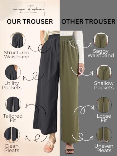 Image of Leriya Fashion Women High Waist Wide Leg Trousers | Casual & Formal Poly Cotton Pants for Women | Loose Fit Track Pants | Relaxed Fit Pleated Trousers for Casual & Semi-Formal Wear