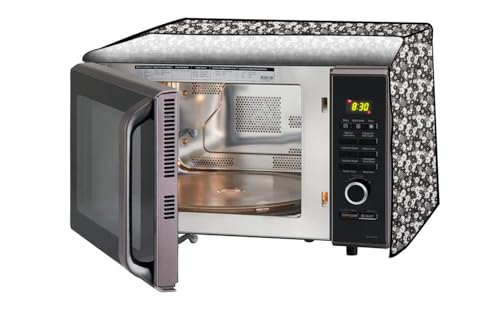 Image of PVC Microwave Oven Cover for IFB 30L 30BRC2 | Full Closure Zip | Waterproof & Dustproof | Attractive Digital Print | Stain Resistant | 48 x 53 x 34 cm | Black White Flower Design