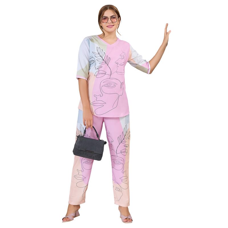 Riza Digital Rayon Fabric V-Neck 3/4th Sleeves Relaxed Fit Printed Top and Pyjama Night Suit Set/NS-2274