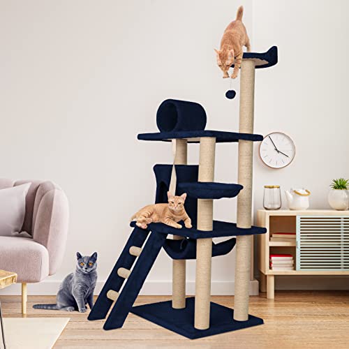 Image of Callas RioAndMe Large Cat Tree Condo with Sisal Scratching Posts, Perches Houses, Hammock | Multilevel Cat Tree | 54.4 Inches Height | (CAT-318-Blue)