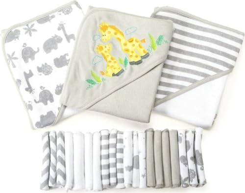 Image of Spasilk 23-Piece Soft Terry Hooded Bath Towel and Washcloth Gift Set, 3 Baby Towels and 20 Baby Washcloths for Unisex Newborn Bath Essentials, Ideal, Gray Giraffe Safari