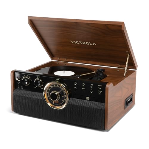 Image of Victrola Empire - Wood 6-in-1 Bluetooth Record Player - Walnut | Mid-century wood music center plays vinyl, CD, cassette, FM radio and aux, built-in stereo speakers, RCA out, headphone jack