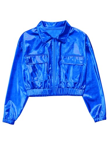 JanJean Boys Girls Sequined Metallic Bomber Jacket Long Sleeve Coat with Flap Pockets for Hip Hop Jazz Dance Outwear3