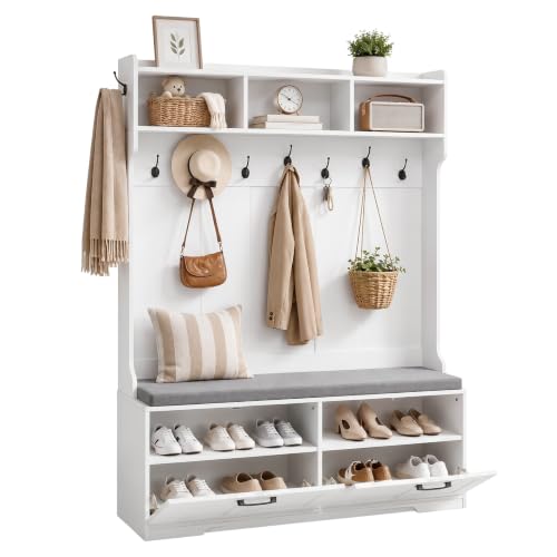 HOOBRO Hall Tree with Bench, 47.2″ Hall Tree with Shoe Storage | Entryway Coat Rack, Shoe Bench with Storage, Farmhouse Hall Tree, 9 Coat Hooks, Adjustable Shelves, for Hallway, White
