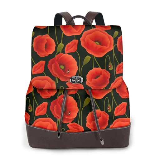 Sac à dos en cuir imprimé coquelicot de luxe noir polyvalent format One Size