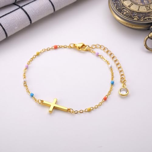 Kvekstio Christian Gifts Faith-Based Adjustable Stainless Steel Gold Cross Charm Bracelet Gift for Women, Baptism Jewelry2
