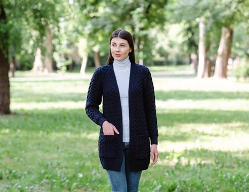 Image of SAOL Aran Coat for Women - Irish Open Front Fisherman Cardigan with Pockets - Merino Wool Made in Ireland