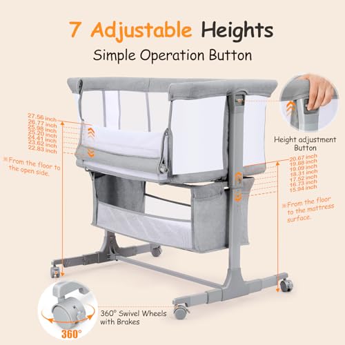 Growaystory Beistellbett Baby Bettseitiger Bassinet für Neugeborene Tragbarer Baby Bett mit Rädern Aufbewahrungskorb Matratze 7-Fach Höhenverstellbar Zustellbett (Hellgrau)