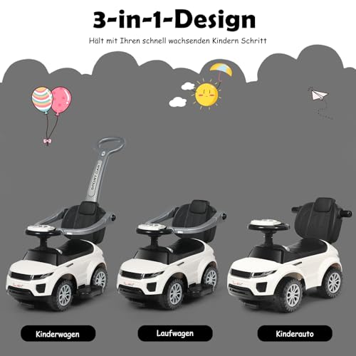 COSTWAY 3 in 1 Rutschauto Schiebeauto, Rutschfahrzeug mit abnehmbarem Schiebgriff, Schutzbügel & verstecktem Stauraum, Spielzeugauto mit Hupe Musik Licht, Kinderauto für Kinder ab 1 Jahr (Weiß) – Bild 4