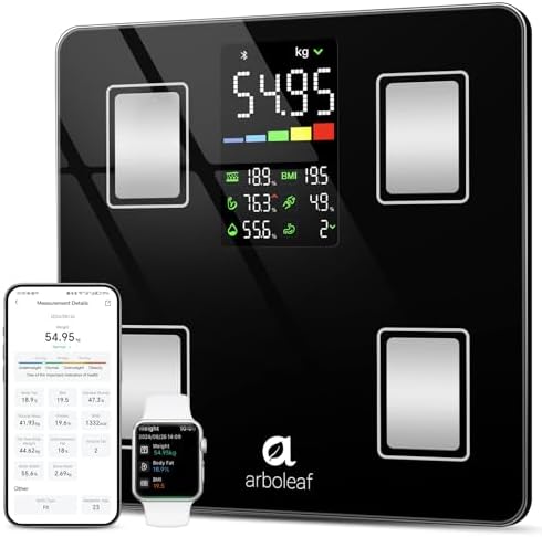 arboleaf Personenwaage digital mit App & Großem LED-Display 180kg CS20G | Körperfettwaage mit App, Waage mit Körperfett und Muskelmasse, hochpräzise Körperwaage Bluetooth für BMI,
