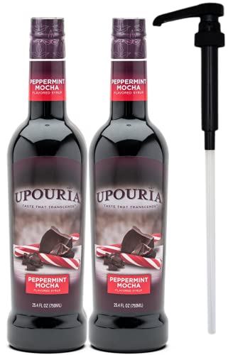 Upouria Peppermint Mocha Coffee Syrup Flavoring, 100% Vegan, Gluten-Free, Kosher, 750 Ml Bottle (Pack Of 2) With Coffee Syrup Pump