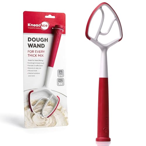 KneadAce Dough Wand, Danish Dough Whisk for Sourdough Baking, Dough Mixer with Silicone Scraping Edges, Self Standing Bowl Mixing Tool (White/Red)