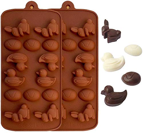 HelpCuisine® Lot de 2 avec 14 moules à chocolat en silicone chacun, moule à pralines, canards, lapins et œufs, couleur : marron.