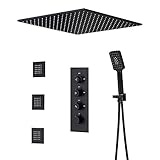 JiaYouJia 16'' Thermostatic Ceiling Mount Rainfall Shower System with Hand Shower & Body Spray Jets Rain Shower Head 3-Way Shower Valve Bathroom Shower Combo Set in Matte Black