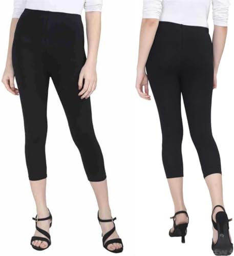 Image of Women's 3 /4 Calf-Length Leggings - Stretchable Cotton Blend, Comfortable Everyday Wear Pack of 2