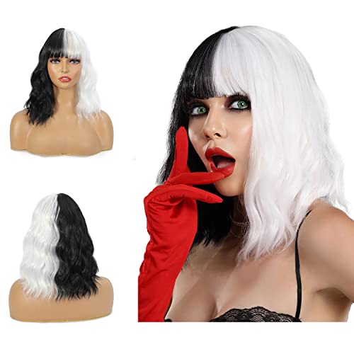 FAYDORYS Schwarz und Weiß Perücke für Frauen, Kurze Welle Perücke 16 Zoll gewellt Bob Perücke halb schwarz halb weiß Perücke für Halloween Cosplay Kostüm Party Cosplay Perücken für schwarze Frauen Cover