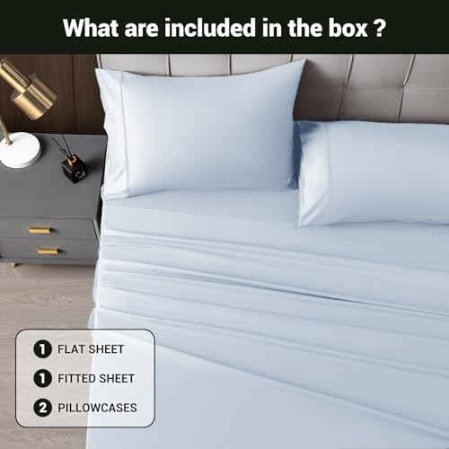 Image of Shilucheng 4 Piece Queen Sheet Sets, Cooling Sheets, Blend Rayon Derived from Bamboo, Deep Pocket Up to 16 inch, Breathable & Soft Bed Sheets, Hotel Silky Bedding Set, Sky Blue