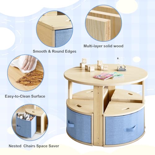 Image of EXPERLAM Toddler Table and Chair Set, Round Kids Table and Chairs with Nesting Design, Wooden Activity Table & 4 Storage Drawers Chairs for Daycare Nursery Playroom