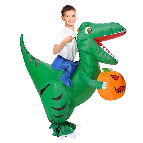 Funslane Halloween Inflatable Dinosaur Costume For Kids, Ride On Dinosaur Holding Pumpkin Blow Up Costumes Party Cosplay Costumes Dress-Ups For Boys Girls, Green #TOP1