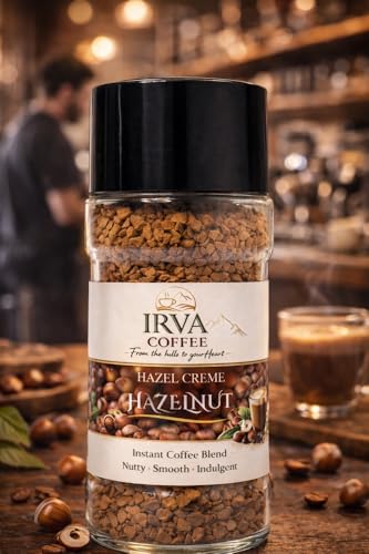 Image of IRVA Hazelnut Delight | Premium Hazelnut Flavoured Instant Coffee | Freeze-Dried Granules | Smooth, Nutty Indulgence with Rich Aroma | Perfect for Hot & Cold Coffee | Cafe-Style Experience at Home | 50 g | Makes 18-25 Cups
