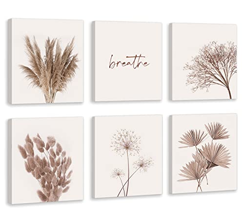 HPNIUB Nature Wall Decor, Botanical Wall Art Print Set Of 6 Piece (8x10inch,Framed), Reed Dandelion Dried Flower Plant Canvas Poster Gift, Breath Quote Painting For Living Room or Yoga Room Decor