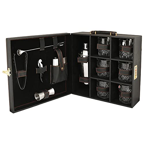 Image of Anything & Everything Big Premium Bar Set With 6 Whiskey Glasses | Portable Leatherette Set for Picnic, Travel, and Car (Black)
