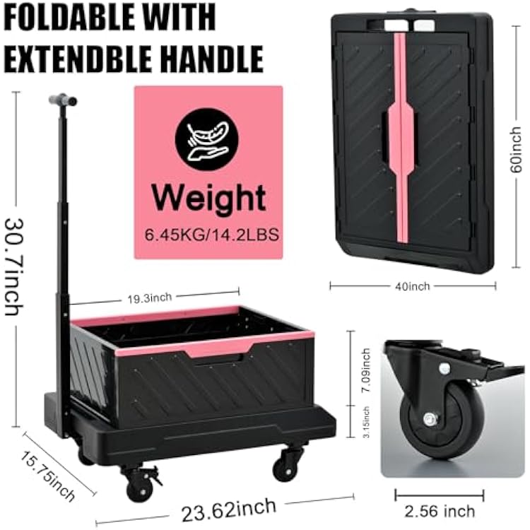 TRULYWIN Foldable Utility Cart with Wheels - Rolling Crate with Wheels, Multi-Function Platform Dolly (132 lbs Capacity) - Flat Tablet Platform & Adjustable Handle for Home,Garden & Travel Utility
