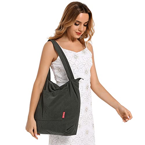 Ultrove Corduroy Tote Bag With Zipper Large Capacity Handbags Shoulder Bag Thicken And Durable Cord Tote Bag Big Casual Shopping Bag For Women Ladies For Work Travel College Daily Use(Army Green) #TOP3
