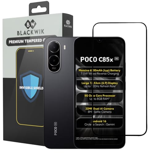 Image of Blackwik Premium Tempered Glass Screen Protector for Poco C85x with Edge-To-Edge Protector Coverage | Easy Installation Kit (Black)