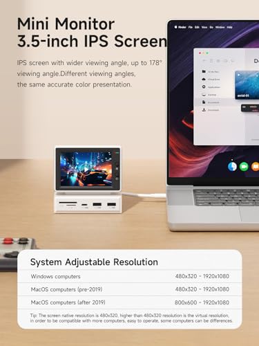 Image of Hagibis 3.5inch IPS USB Mini Screen with USB C Hub, USB-C&HDMI Monitor AIDA64 Mini PC CPU RAM HDD Data Monitor Temperature Electronic Album Floating Lyrics Display Sub Screen for Laptop PC MacBook