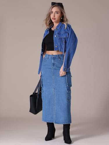 Women's Long Denim Skirt with Slit Elastic Waist Cargo Denim Maxi Skirts3