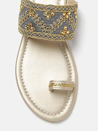 Marc Loire Women's Grey Embroidered Slip On Flip Flop Ethnic Flats Chappal