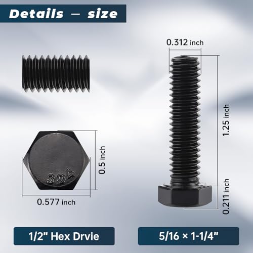 Image of Glvaner 5 /16-18 x 1-1 /4 inch Stainless Steel Hex Head Screws Bolts, Black Coated, 304 Stainless Steel 18-8, Hexagon Head Bolts, Full Thread, 10 pcs