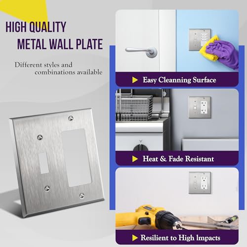 Image of ENERLITES Combination Toggle Light Switch or Decorator Switch Metal Wall Plate, Corrosive Resistant, Size 2-Gang 4.50 inch x 4.57 inch, 771131, 430 Stainless Steel, UL Listed, Silver