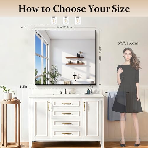 Image of COFENY Black Bathroom Mirror for Wall, 36x40 Inch Rectangle Mirrors with Metal Frame, Modern Rectangular Wall Mirror for Bathroom Living Room, Entryway Hangs Horizontal or Vertical