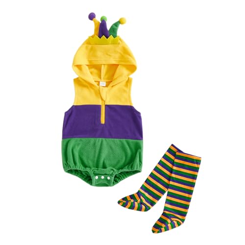Carolilly Tenue Fête Carnaval Mardi Gras pour Bébé, Ensemble Coloré avec Barboteuse à Capuche et Leggings Rayés (Jaune, 6-12 Months)