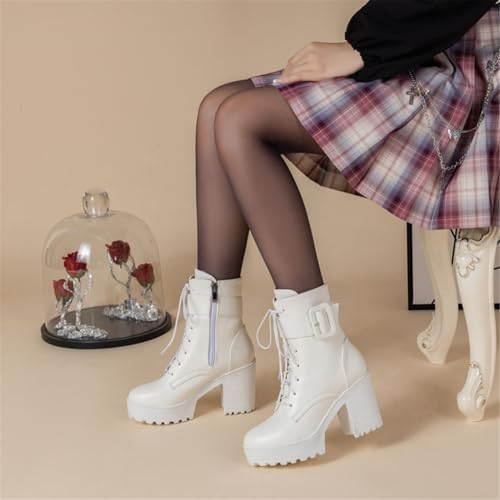 Image of FOREADA Goth Platform Heel Combat Boots Women Pearl Lace Victorian Booties