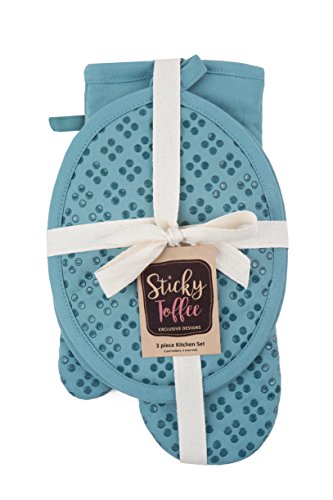 Oven Mitt And Pot Holders Silicone Set Of 3, Non-Slip Kitchen Hot Pads And Oven Mitts Set, Oeko-Tex 100% Cotton Shell, Blue #TOP4