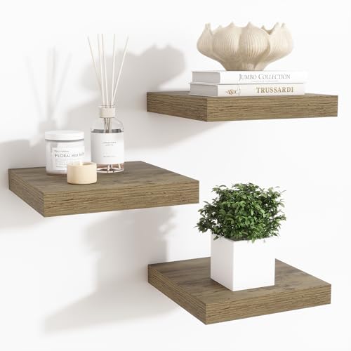Fun Memories Floating Shelves for Wall - 7.5 Inch Square Shelves with Invisible Brackets, Small Wall Shelf for Living Room, Bathroom, Bedroom, and Kitchen Decor Grey Set of 3