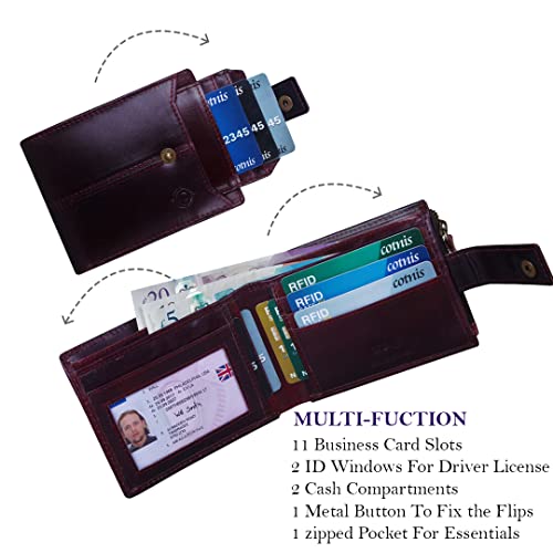 Image of Crafted RFID Safe Leather Wallet for Men /Women, Bifold Trendy, Full Grain with Card Holder and Zipper Coin Pocket