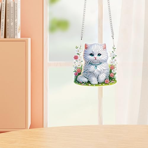 Image of White Cat Diamond Painting Hanging Kit, 5D DIY Acrylic Diamond Art Pendant with Special Shaped Rhinestones, Stained Glass Style Wall, Door or Window Decoration, Handmade Craft Gift for Adults