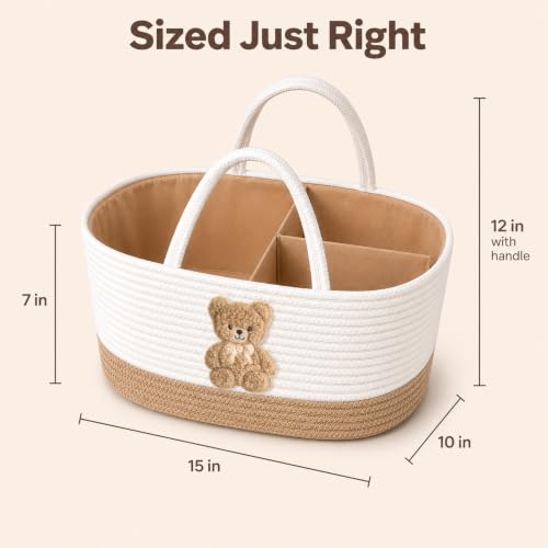 Image of Baby Diaper Caddy Organizer, Teddy Bear Cotton Rope Nursery Basket